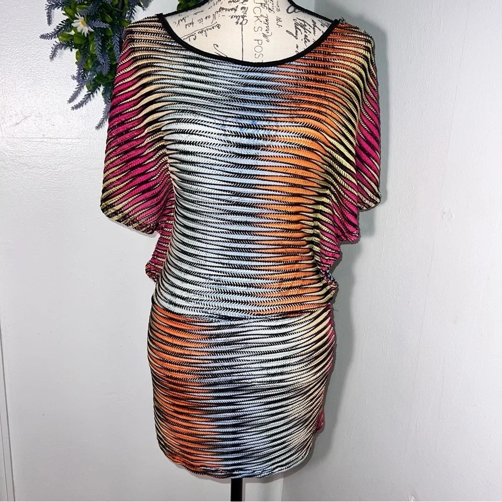 Multicolor striped ribbed, scoop corded neckline bat wing short sleeve cover up